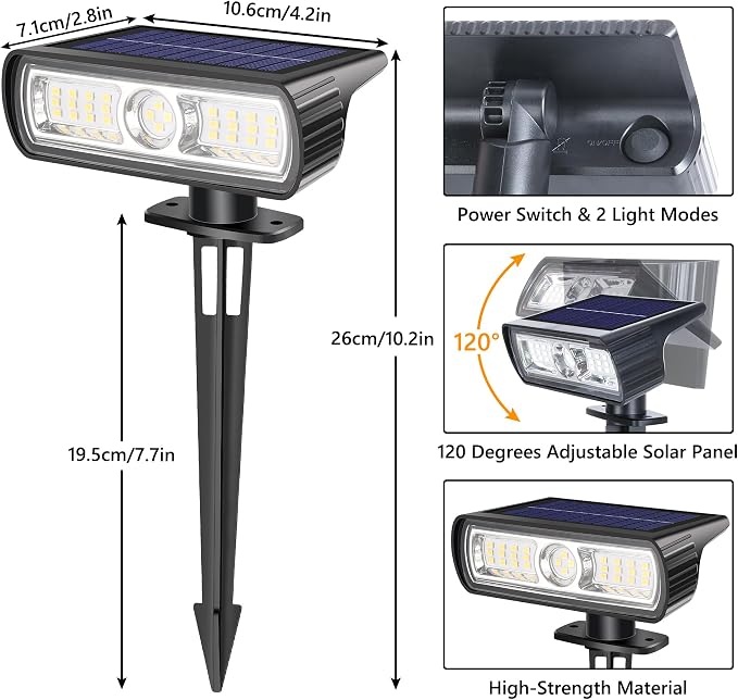 Toodour Solar Spot Light Outdoor, 2 Pack Solar Lights Outdoor with 2 Modes, Waterproof Solar Powered Flood Lights Landscape Lighting for Yard Garden Home Pathway Walkway Outdoor Decor - Cool White