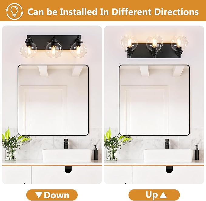 LmnLvn Bathroom Light Fixtures, 3-Light Matte Black Vanity Lights, Modern Bathroom Lighting Fixtures Over Mirror, Farmhouse Vanity Lights with Glass Shade for Living Room, Bedroom, Hallway