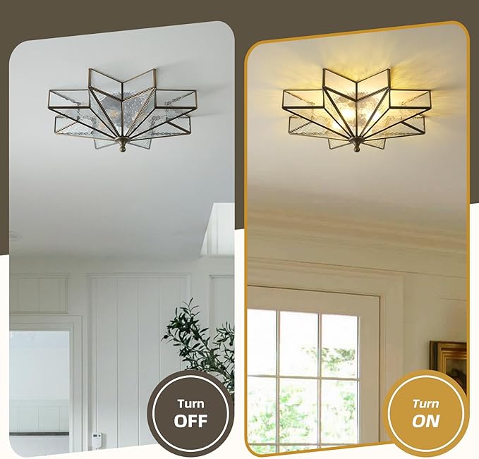 Star Vintage Bronze Ceiling Light - 19.7 in Large Hammered Glass Antique Flush Mount Fixture - Mid Century Black Art Deco Lighting for Kitchen Hallway Bedroom Bathroom Laundry Entryway Farmhouse Hall