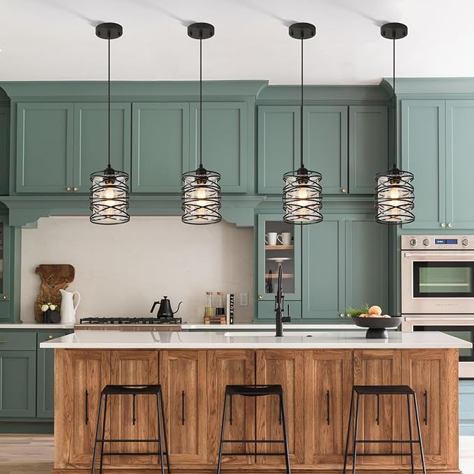 1-Pack Pendant Light Fixtures 6.3Inch Black Spiral Kitchen Island Light Modern Metal Cage Handblown Seeded Glass Ceiling Hanging Light Adjustable Cord for Dining Room Foyer Hallway, E26