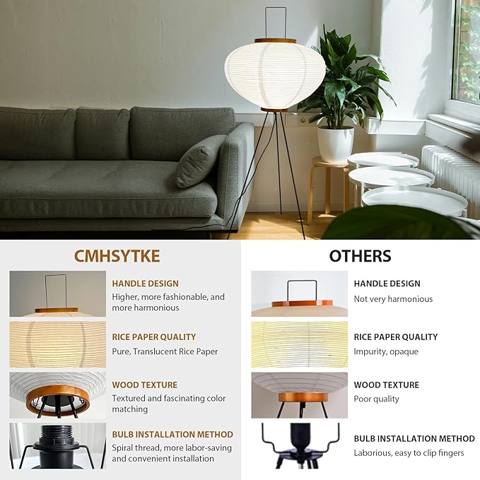 Paper Floor Lamp, Noguchi Rice Paper Lamp for Wabi Sabi Decor, Akari Paper Floor Lamp for Bedroom/Living Room