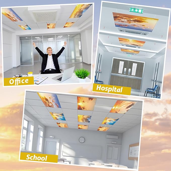 6 Pcs Fluorescent Light Covers with 60 Magnets Decorative for Classroom Ceiling Lights 4 x 2 Feet Magnetic Light Cover Filter Easy Install for Office Hospital Home Ceiling Supplies (Orange Sky)