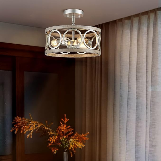 Farmhouse Ceiling Light Fixture, Drum Round Modern Semi Flush Mount Ceiling Light for Kitchen Bedroom Dining Living Room, 13" Metal Nickel and Wood Grain Chandeliers