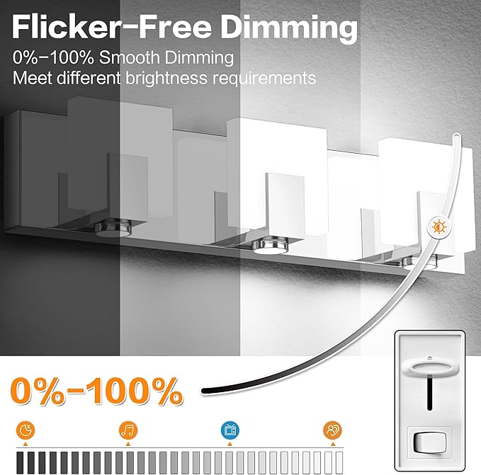 SOLFART Bathroom Light Fixtures Over Mirror Chrome Dimmable LED Vanity Lights 4 Lights Stainless Steel Acrylic Shade