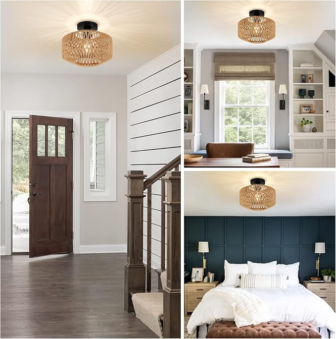 Boho Light Fixtures Ceiling Mount,Mini Rattan Chandelier Light Fixture with Dimmable LED Bulb,Hand Woven Ceiling Light Fixtures Flush Mount for Hallway Bedroom Kitchen Entryway Living Room