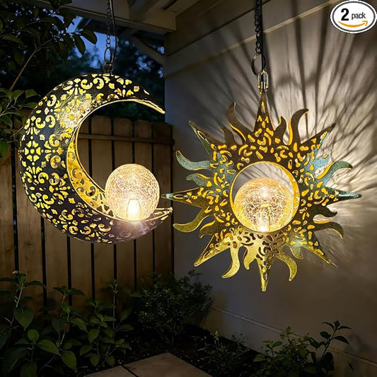 Solar Hanging Lights for Outside Garden,Outdoor Metal Lanterns Sun Moon Lamp, Large Decorations for Yard Garden Patio Proch Tree Wall, Christmas Gifts for Women Mom