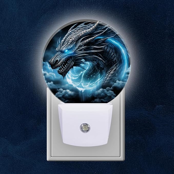 Round LED Night Lights Lamp with Dusk to Dawn Sensor, Fierce Dragon with Glowing Blue Eyes Night Light Plug Into Wall for Kids Room, Bedroom, Bathroom, Kitchen, Hallway
