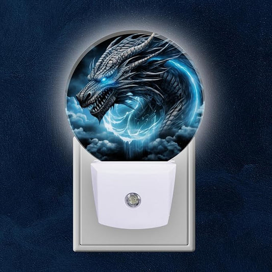 Round LED Night Lights Lamp with Dusk to Dawn Sensor, Fierce Dragon with Glowing Blue Eyes Night Light Plug Into Wall for Kids Room, Bedroom, Bathroom, Kitchen, Hallway