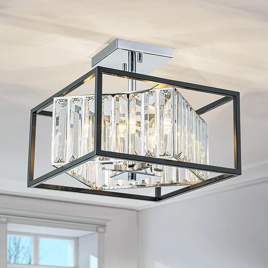 LumFurn 4-Light K9 Crystal Ceiling Light, 2-Tier Square Semi-Flushmount Light Fixture for Living Room, Foyer, Bedroom, L12 x W12 x H10inch, Clear Crystal & Black & Chrome Finish
