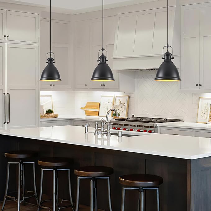 8.6" Black Pendant Lights for Kitchen Island 3 Pack, Modern Farmhouse Kitchen Pendant Lighting, Vintage Industrial Pendant Light Fixtures, Island Lights for Kitchen Sink Dining Room Hallway