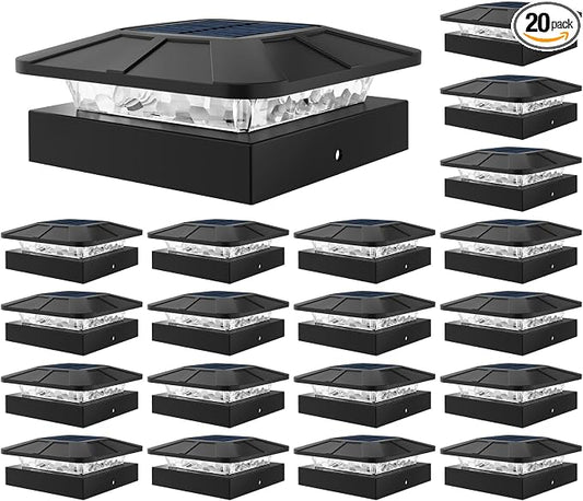 Peasur 20 Packs 4x4 Post Solar Lights 3 Lighting Modes, Black Solar Powered Cap Lights Fits 4×4/3.5×3.5 Wood/Vinyl Posts, Waterproof Post Top Light Outdoor for Fence Deck Mailbox Porch Railing