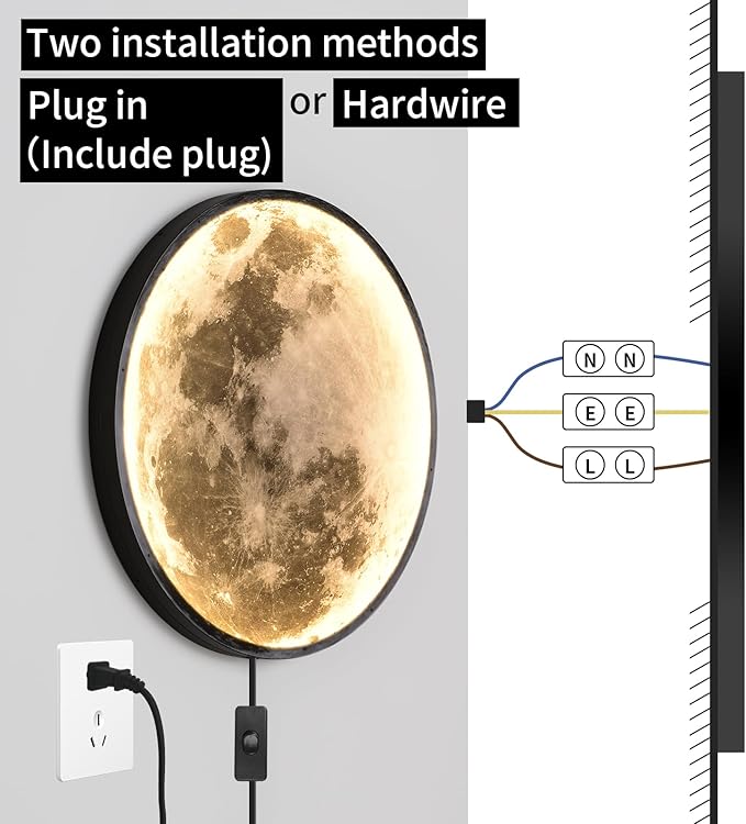 QIYIMEILUX 31.5 inch Large Moon Wall Sconce Plug in Dimmable Modern LED Wall Light with Remote Control 41W Black Wall Lamp Indoor Wall Mounted Lighting Ceiling Light for Living Room Bedroom