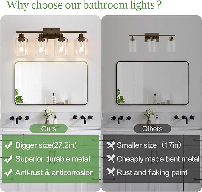 MOKATNG 4-Light Bathroom Light Fixtures, Vanity Light with Clear Glass Shades, Oil-Rubbed Bronze Bathroom Light Fixtures Over Mirror, Modern Bathroom Wall Lamp for Mirror Living Room Cabinet Bedroom