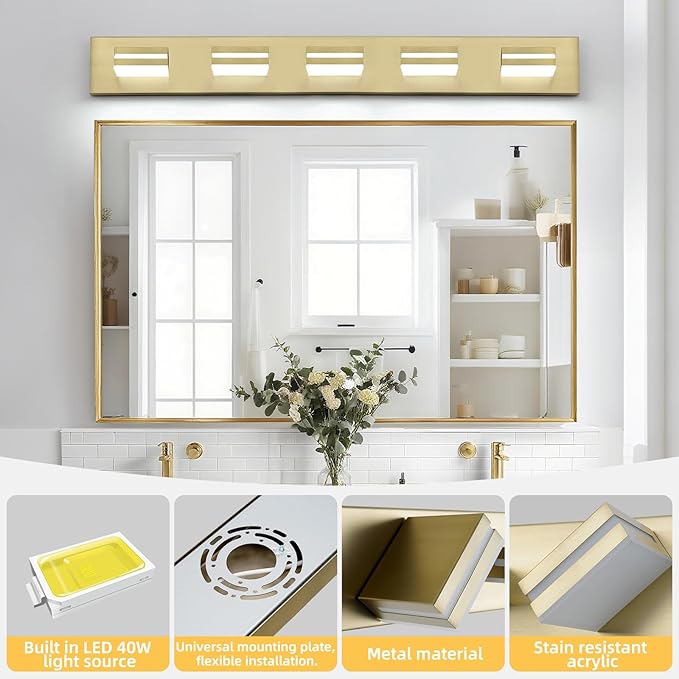 OKELI 5 Light Bathroom Vanity Light Gold Modern 36W LED Dimmable Vanity Light Over Mirror 350° Adjustable Lamp Head Cold White 6000K ETL Listed 36.2Inch