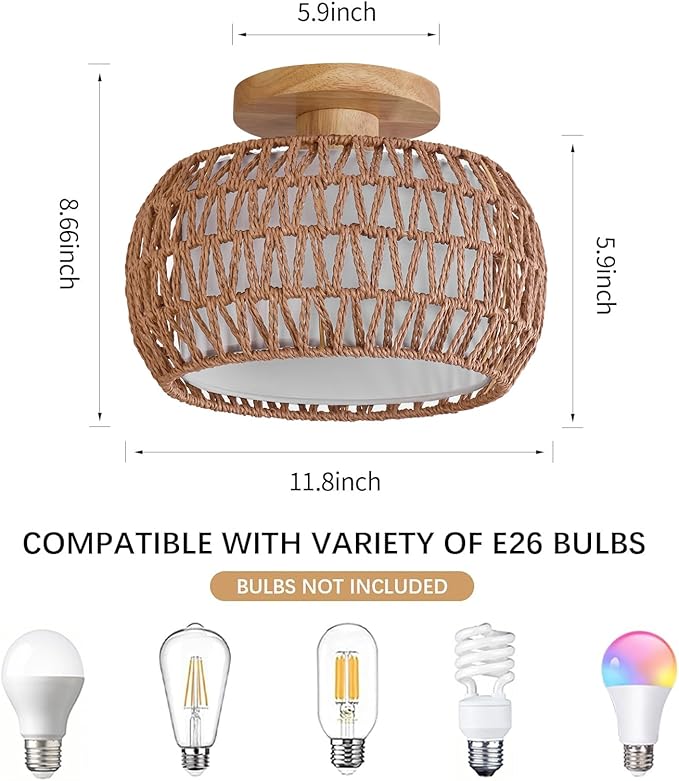 Boho Rattan Ceiling Light Fixture - 3 Style Options Wicker Semi Flush Mount Ceiling Lights,Brown Coastal Light Fixtures,Bohemian Woven Basket Chandelier for Hallway Bedroom Nursery Kitchen Laundry