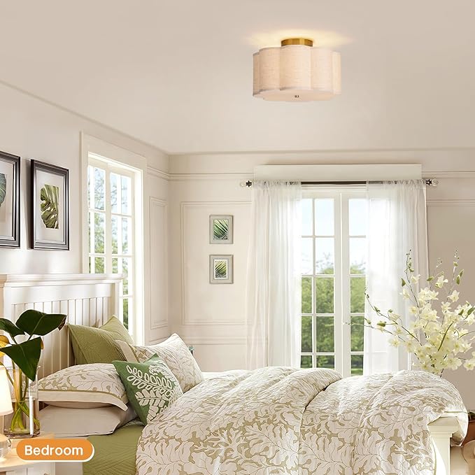 3-Light Flush Mount Ceiling Light,12.6inch Drum Ceiling Light Fixture,Entryway Light Fixtures Ceiling Mount with Linen Fabric Shade, Flush Mount Light Fixture for Bedroom, Living Room