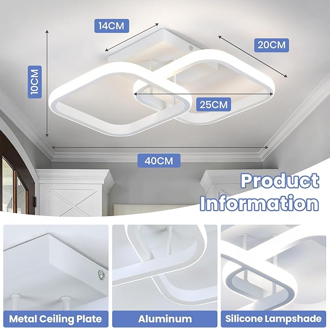 CANEOE Led Ceiling Light Fixture,4500K Modern Hallway Light fixtures Ceiling Lighting,White Square Close to Ceiling Lights for Bathroom Bedroom Kitchen Balcony Stair Small Ceiling Lamp (White, 4500K)