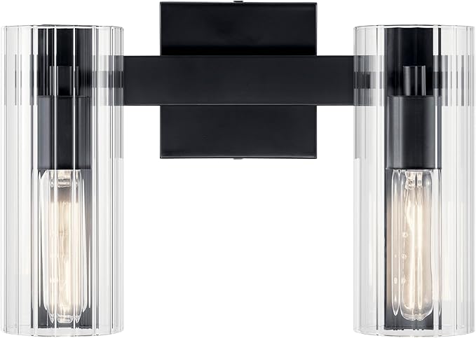 Kichler Jemsa 2-Light Bathroom Vanity Light Fixture with Clear Fluted Glass in Black, Modern Wall Mount Light for Bathroom or Powder Room (9.75" x 13.75"), 55167BK