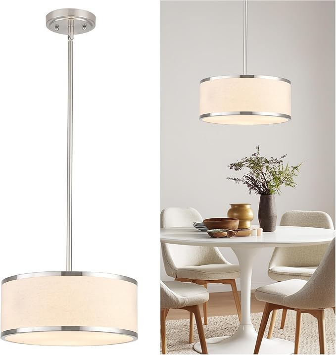 12.6" Drum Pendant Light Fixture 3-Light Brushed Nickel Chandelier with Fabric Shade for Kitchen Dining Room Living Room Bedroom