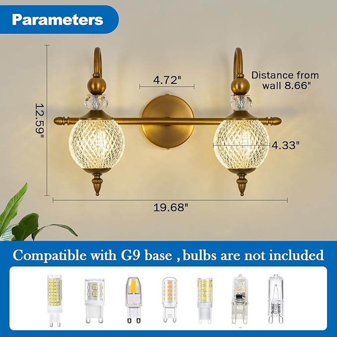 Vintage Vanity Light 2 Lights Gold Bathroom Light Fixtures Over Mirror with Acrylic Globe Shade