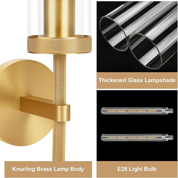 Brass Wall Sconces Set of Two with White Lights, 19.5'' Brushed Brass Knurled Bathroom Sconces Wall Lighting Vanity Light with Clear Glass for Living Room Mirror Bedroom Stairs