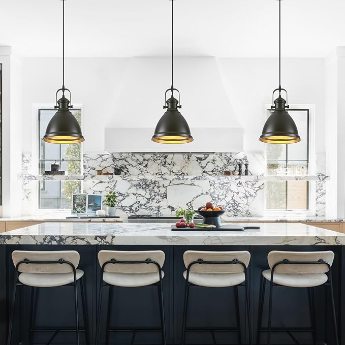 8.6" Black Pendant Lights for Kitchen Island 3 Pack, Modern Farmhouse Kitchen Pendant Lighting, Vintage Industrial Pendant Light Fixtures, Island Lights for Kitchen Sink Dining Room Hallway