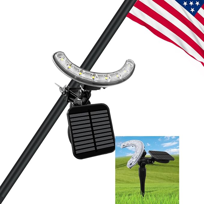 Solar Flag Pole Light, Flagpole Light Solar Powered - 3000K Warm, Super Bright PC Crystal LED Spotlights, Upgraded 2200mAh 145Lm, Adjustable Bracket & Metal Clamp Fits 1-1.5" Flagpole, 8-12 Hrs, Black