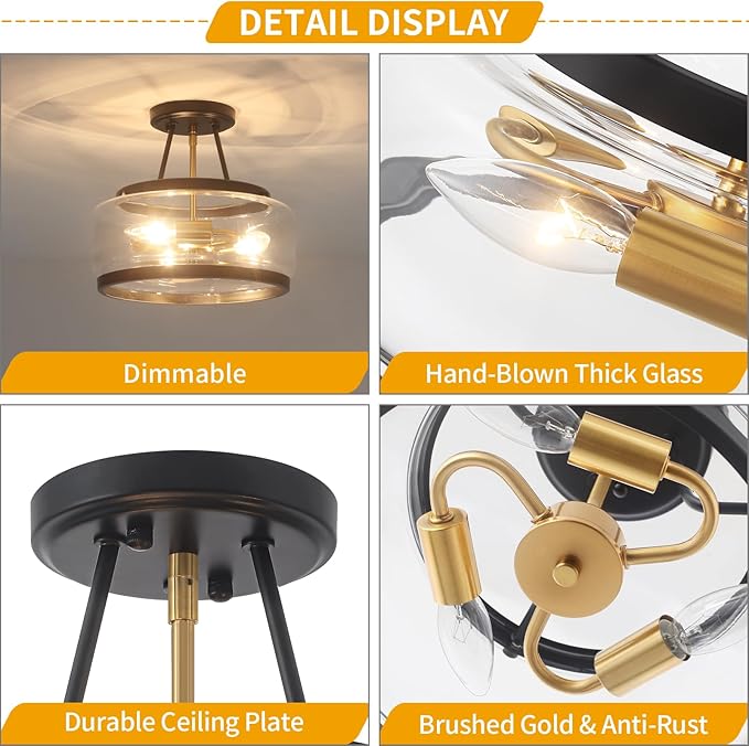 11.81" Black and Brushed Gold Close to Ceiling Light Fixtures, 3-Light Modern Drum Light Fixture, Hallway Ceiling Light, Glass Ceiling Lamp for Entryway Bedroom Laundry Room Dining Room Kitchen Lights