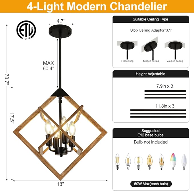 18" Modern Pendant Lights Kitchen Island, 4-Light Black + Wood Grain Farmhouse Pendant Light Fixtures, Industrial Hanging Pendant Lights Fixture for Kitchen Island Dining Room Hallway Foyer Entryway