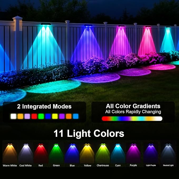 Solar Fence Lights with 13-Mode RGB, Solar Power Garden Lights Waterproof IP65, 20 Hours of Runtime, Solar Outdoor Lights for Yard, Deck, Patio, Wall, Post(12PCS)