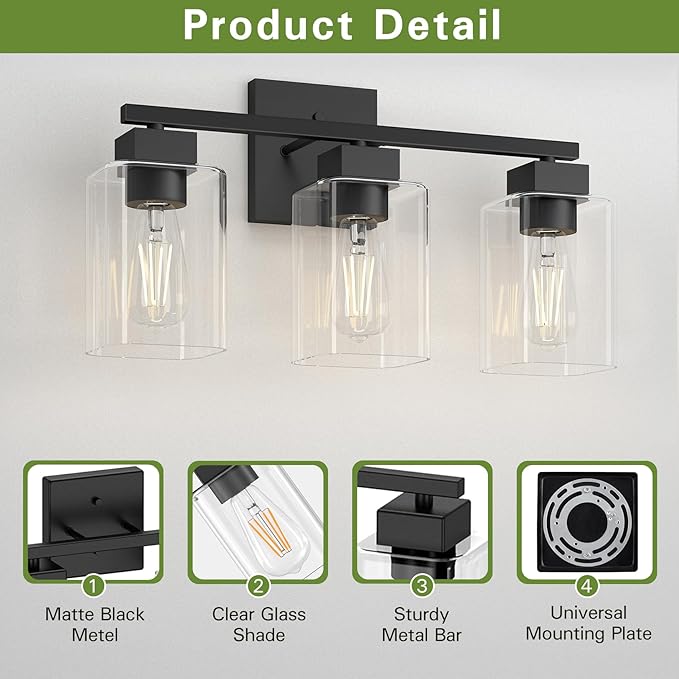 Espird Matte Black Bathroom Vanity Light, 3-Light Vanity Lighting fixtures Over Mirror, Square Design & UL Certification, Wall Sconces with Clear Glass Shades, E26 Socket (Bulbs Not Included)