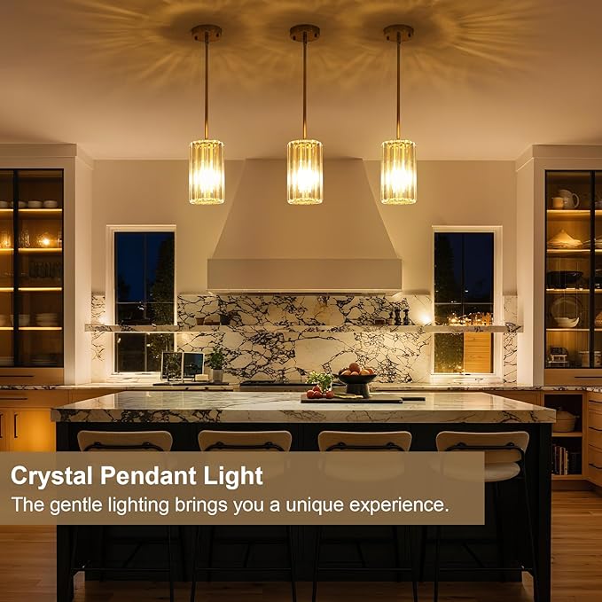 3 Pack Gold Modern Crystal Pendant Lights Hanging Light Fixtures, Gold Kitchen Island Pendant Lighting Fixtures Adjustable Modern Crystal Pendant Lights for Island Dining Room Hallway Bedroom