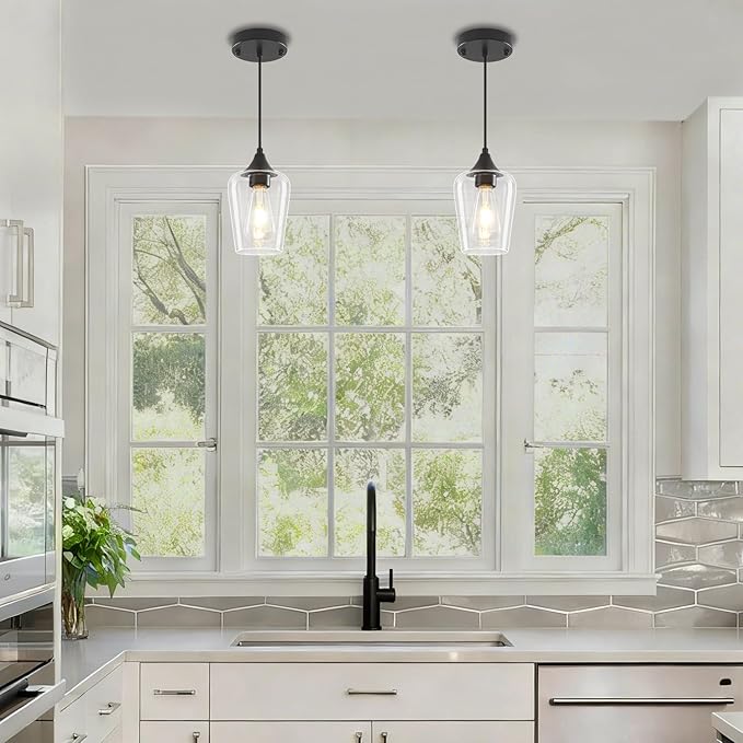 2-Pack Black Pendant Lights Kitchen Island, Modern Glass Pendant Lighting Over Island Kitchen Hanging Light Fixtures Hallway Pendant Lights for Bathroom Dining Room Entryway Foyer Bedroom