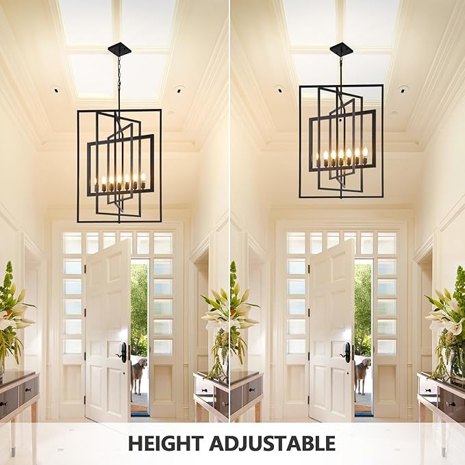 Black Farmhouse Chandelier, 7-Light Lantern Pendant Light Fixtures, Rustic Industrial Foyer Lighting Fixtures, Large Foyer Chandeliers for High Ceilings, for Kitchen Island, Staircase, Entryway
