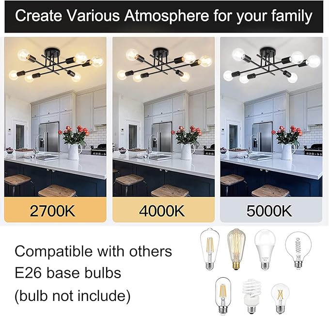 6-Lights Semi Flush Mount Modern Ceiling Light Fixture, Industrial Ceiling Light, Black Vintage Metal Sputnik Chandelier, Farmhouse Lighting for Kitchen Dining Room Living Room Bedroom