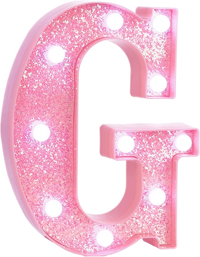 Pink Marquee Light Up Letters, Glitter Alphabet LED Letter Lights for Pink Birthday Party Decorations, Battery Operated Letter Sign for Girls Room Vanity Table Decor, Cool White Lights Letter G