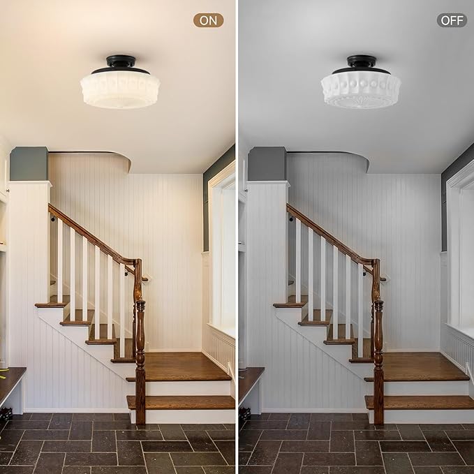 youngrender Schoolhouse Light Fixture Modern Black Flush Mount Ceiling Lighting 14" Milk White Glass Shade Vintage Ceiling Light for Farmhouse Kitchen Hallway Entryway