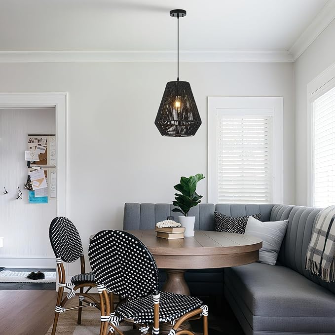 13” Boho Hand Woven Rattan Mini Chandelier Matte Black Classic Pendant Light for Kitchen Island Dining Room Hallway, UL Listed
