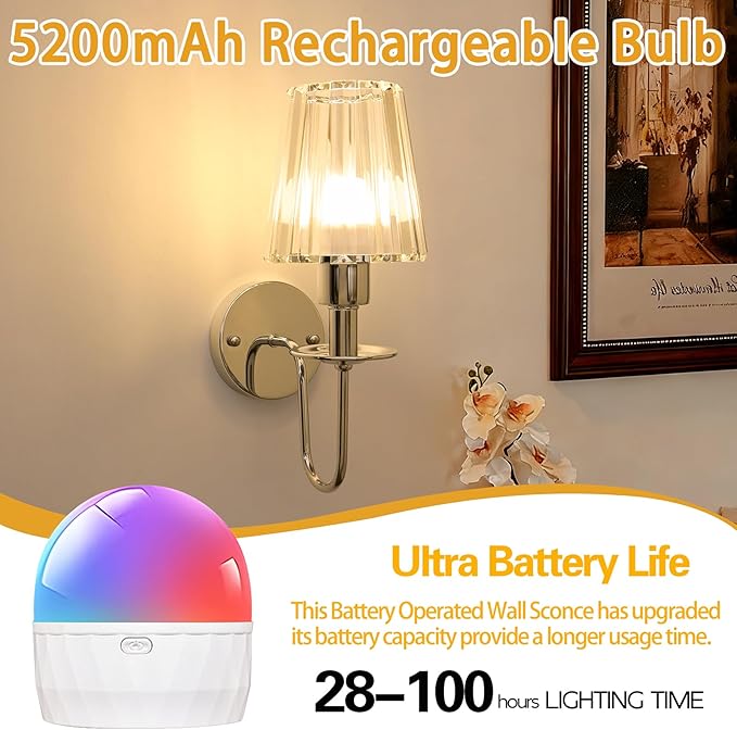 Battery Operated Wall Sconces Set of 2 – 5200mAh Rechargeable Crystal Glass, 15 Colors & 10-Level Dimmable, Wireless Wall Lights for Living Room & Bedroom,Sliver
