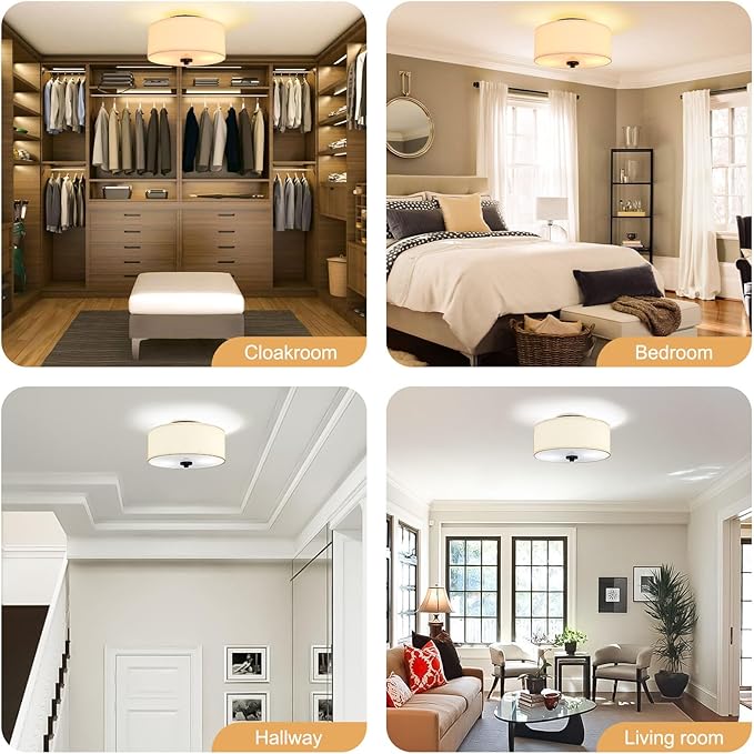 2-Light Flush Mount Ceiling Light Fixture, 12” Modern Close to Ceiling Light with Beige Fabric Drum Shade, Round Pendant Light for Bedroom Hallway Bathroom Dining Kitchen