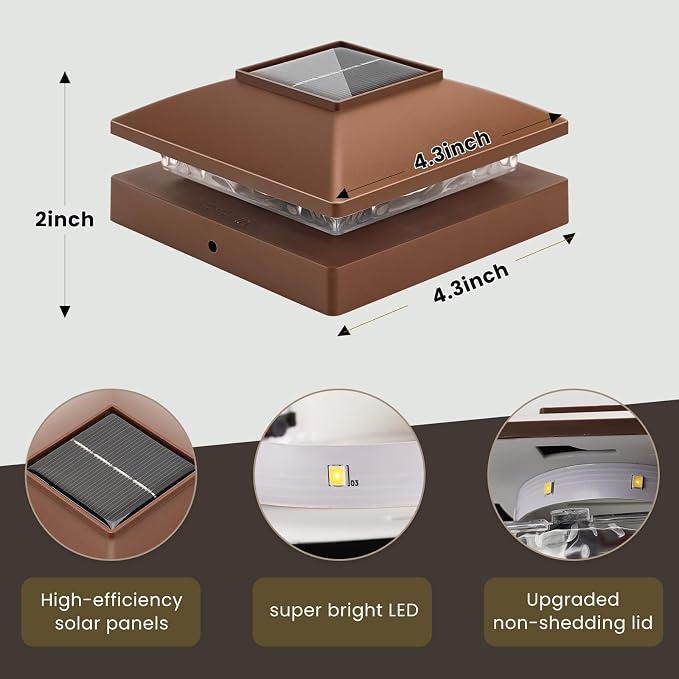 Solar Post Cap Lights Outdoor 12pack, Brown Waterproof Solar Powered Deck Fence Post Lights Fit 4x4 Wood/Vinyl Posts, Bright Warm White Solar Post Lights Decorate Deck, Patio, Porch, Fence