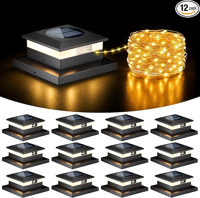 12 Pack Solar Post Cap Lights，Fence Post Solar Lights Fit for 4x4 5x5 6x6 Vinyl/Wooden Posts，2-in-1 Lighting Modes Waterproof Light for Deck Patio or Garden Decor