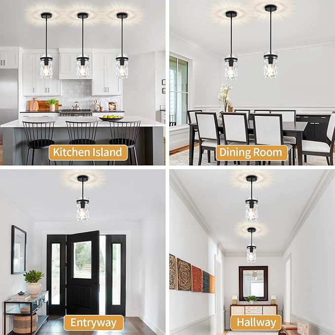 Modern Black Pendant Lights Kitchen Island, Hammered Glass Kitchen Pendant Lighting Over Island Adjustable Hanging Hallway Light Fixtures Mini Chandelier for Dining Room Bathroom Entryway