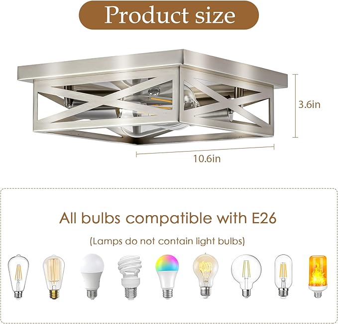 Farmhouse 2-Light Semi Flush Mount Ceiling Light Fixture, Modern Metal Cage Brushed Nickel Square Close to Ceiling Lamp, E26 Base Chandelier Ceiling Mount, Pendant Lighting for Hallway