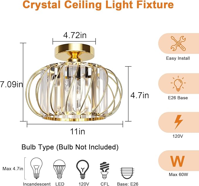 Gold Crystal Ceiling Light Fixture - Small Crystal Chandelier Semi Flush Mount Ceiling Light Modern Hallway Lights fixtures for Entryway Bedroom Porch Kitchen (11 Inch, Bulb not Included)