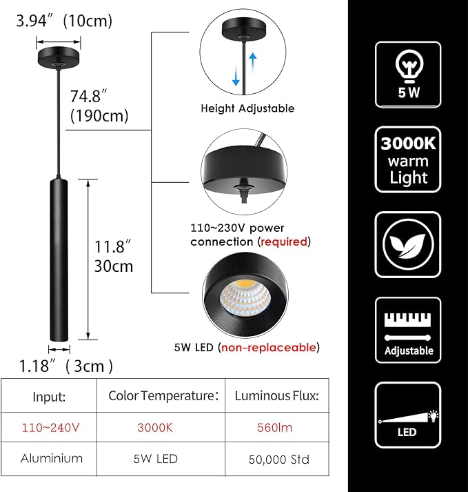 Pendant Lights Kitchen Island, Modern Black Pendant Light for Bedroom Bedside Sofa Corner, 5W Island Lights for Kitchen, Height Adjustable, 3000K, Ø1.18 x L11.8