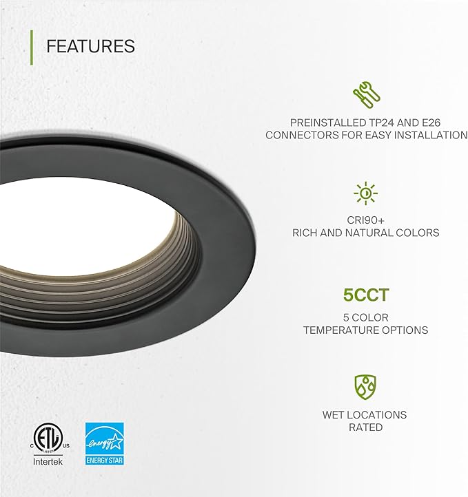 ASD Black 4 Inch Retrofit LED Recessed Light - 10W 2700K-5000K 849LM Retrofit LED Recessed Lighting 4 Inch, Dimmable Black Recessed Lights, Wet Rated Baffle Trim Can Lights, ETL, Energy Star