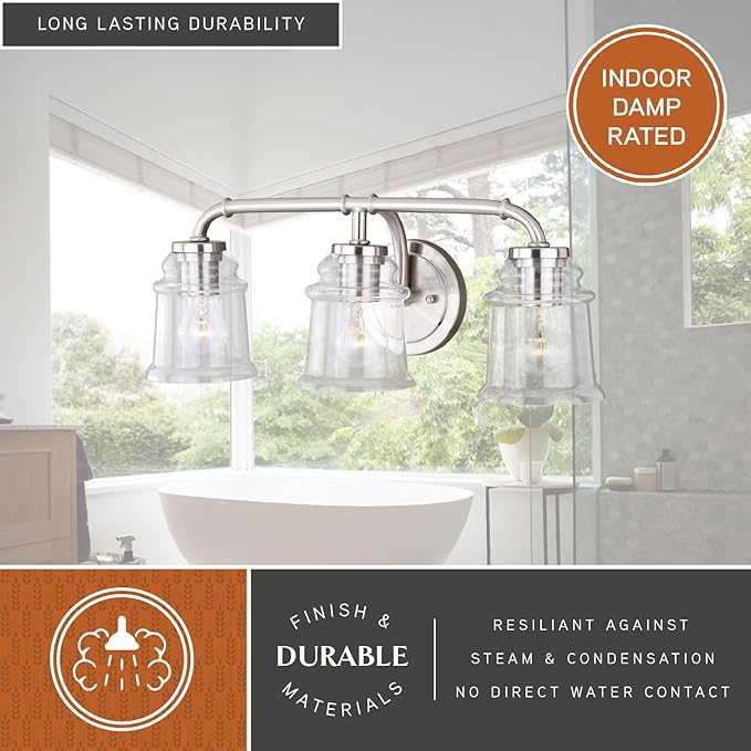 VAXCEL Toledo 3-Light 22 inch Wide Satin Nickel Industrial Bathroom Vanity Lighting Fixture, Clear Glass Shade, Dimmable, LED Compatible, Over The Mirror Mounted Steel Wall Sconce