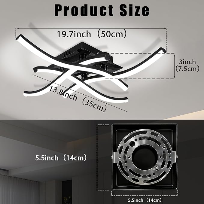 24W Modern LED Ceiling Light Fixture, 19.7Inch Curved Wave Ceiling Lamp for Bedroom, Kitchen, Hallway, Foyer Library Dining Room Black 6000K Modern Ceiling Light Fixture