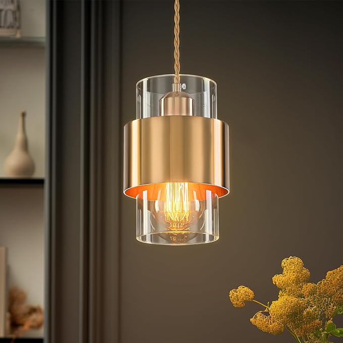 Modern Pendant Lighting, Gold Pendant Light Fixtures Ceiling Light for Kitchen Island Hallway Porch Corridor Bedroom with Clear Glass Shade, 1 Light